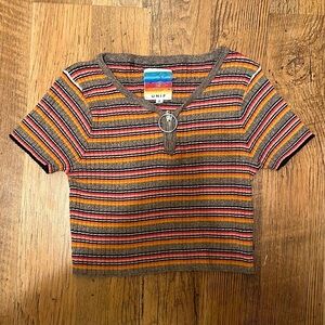Unif Striped Crop Top V neck Zipper Short Sleeve D7